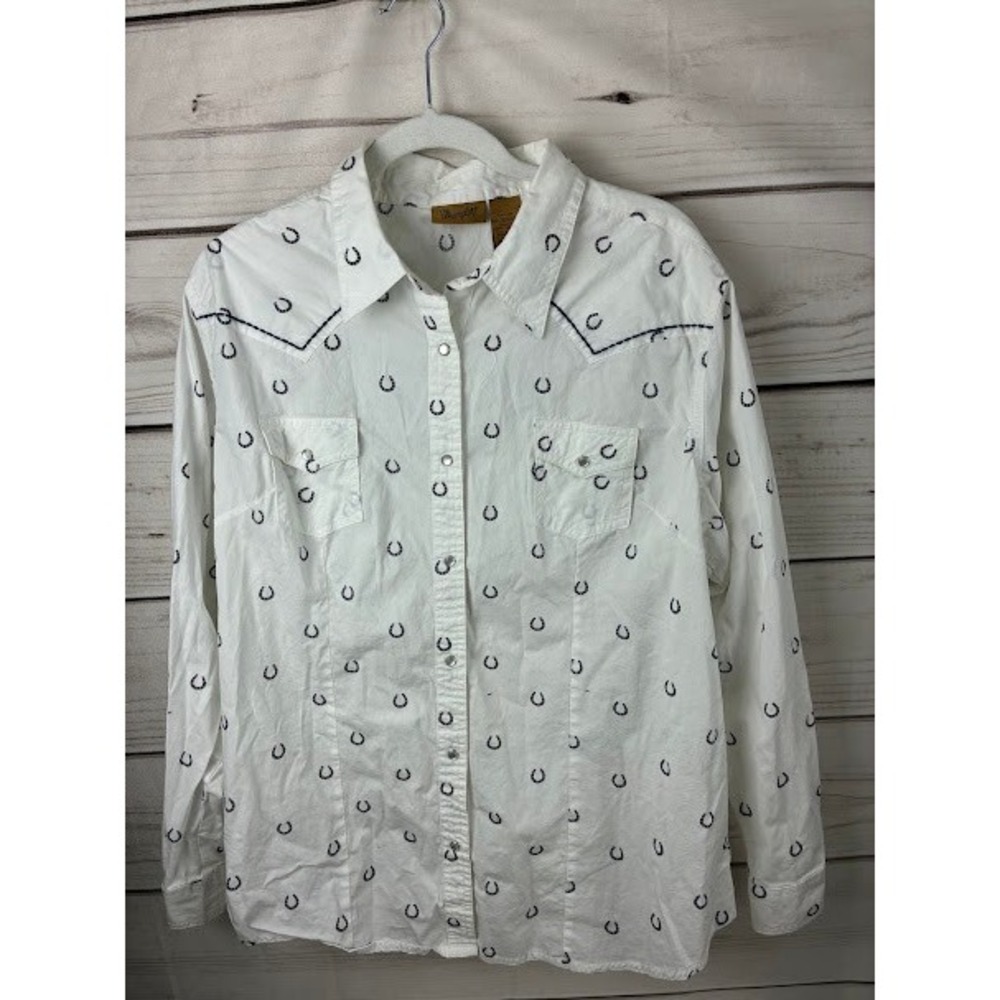 Wrangler Womens White Horseshoe Print Western Snap Shirt Navy Yoke XXL LW2031M